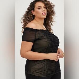 NWT Torrid Ruched Off-Shoulder Short Sleeve Mesh Top Black Nude 0/L/12 $39.50